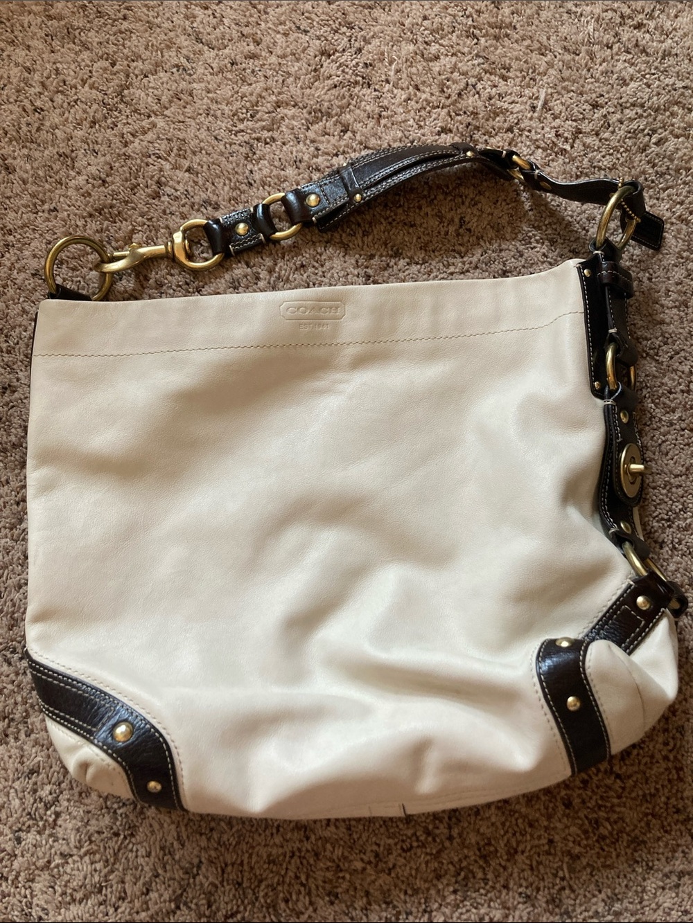 Coach Cream and Dark Brown Leather Shoulder Hobo Bag